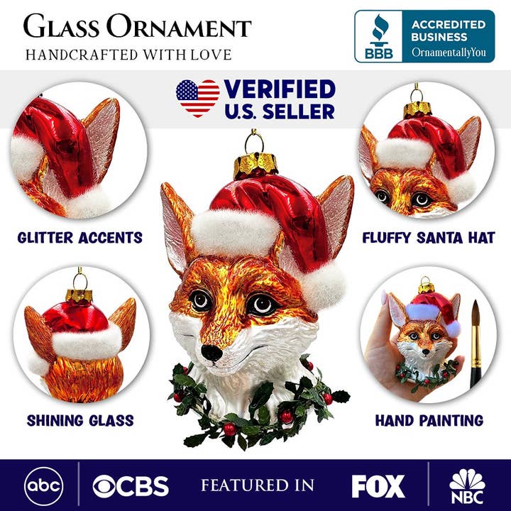 OrnamentallyYou - Wholesale Ornament - Fox with Santa Hat Glass Christmas Ornament, Woodland Animal2