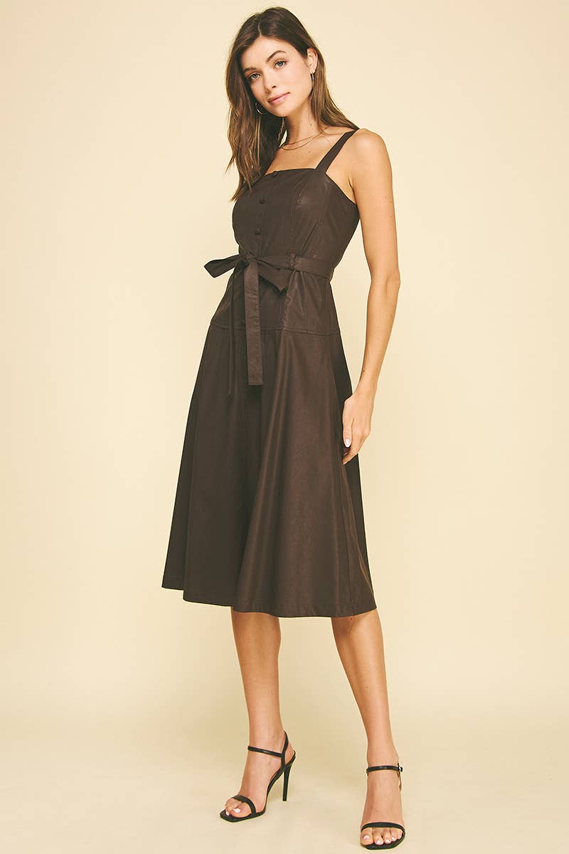 PINCH - Wholesale Dress - Women's - PU LEATHER BUTTON DETAILED MIDI DRESS - 6234D10