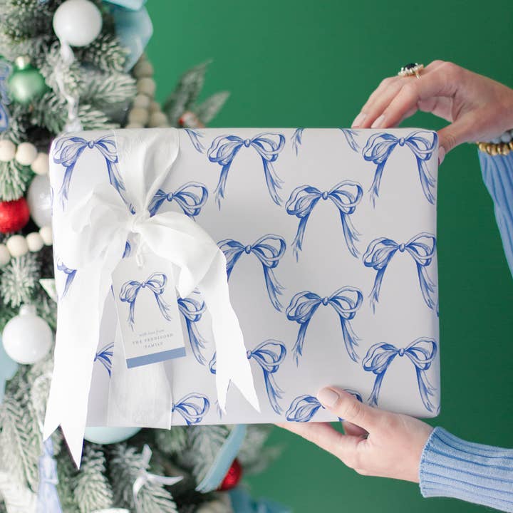 Simply Jessica Marie - Wholesale Flat Wrap - Blue & White Bows Christmas Wrapping Paper 3 Sheet3
