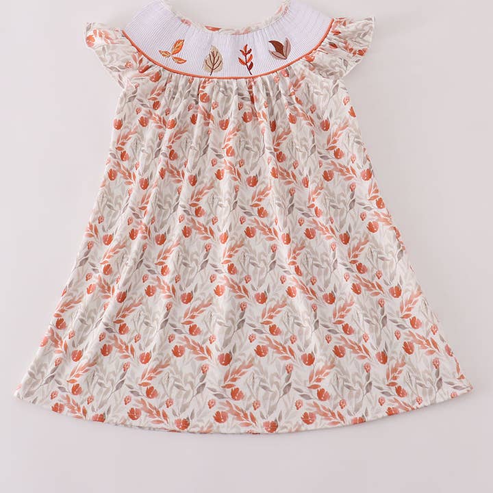 Fall leaves embroidery smocked ruffle dress for wholesale by Aspen Rain Boutique