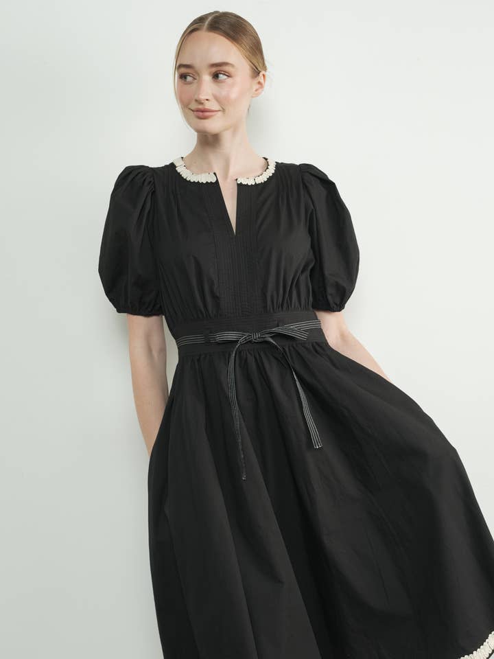 MAD3205 NECK AND BOTTOM EMBROIDERED MIDI DRESS W/PUFF SLEEVE for wholesale by Aaron & Amber