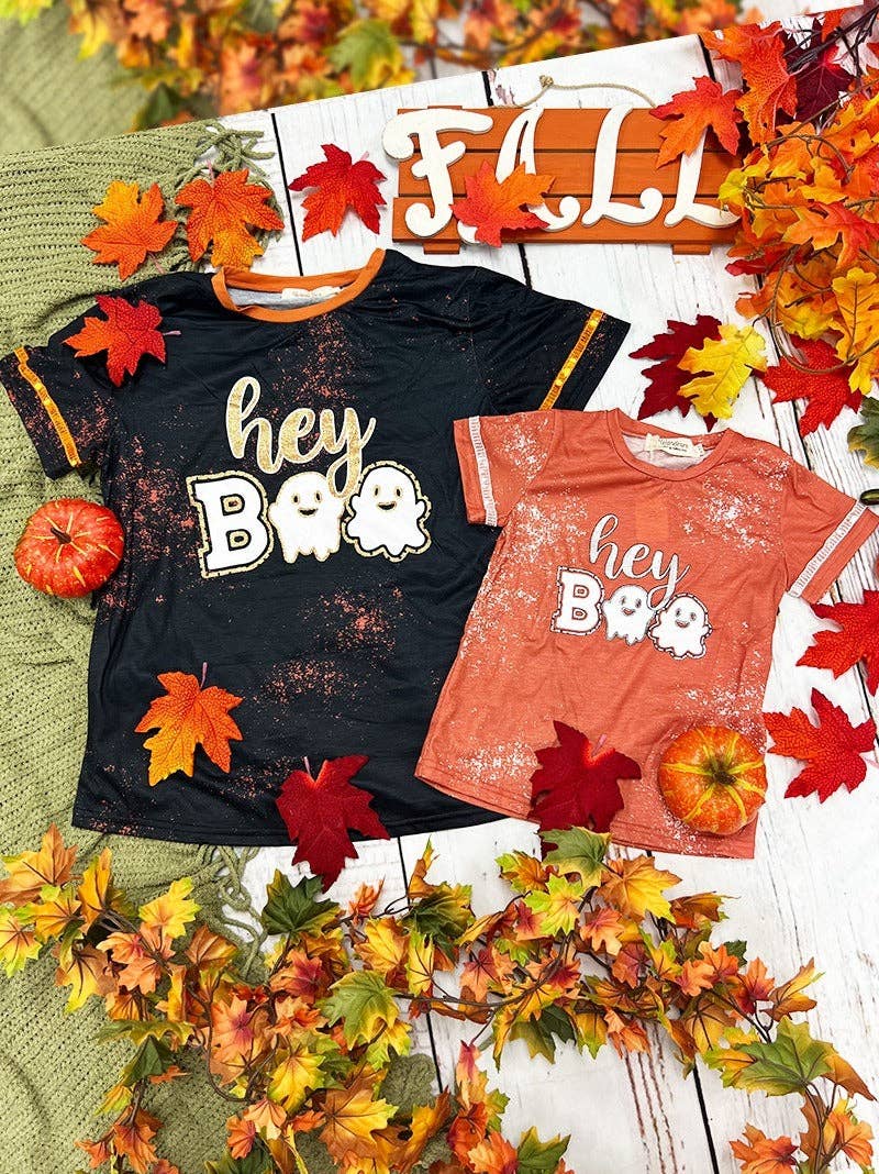 Rust Girls' Hey Boo Ringer on Orange Splatter Tee for wholesale on Faire1