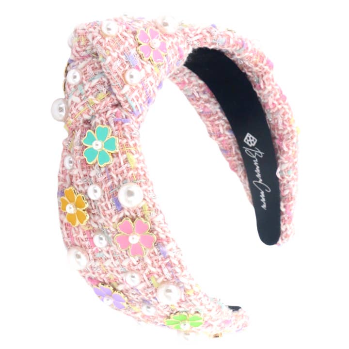Brianna Cannon - Wholesale Fashion Headband - Women's - Adult Size Pink Tweed Headband with Flowers