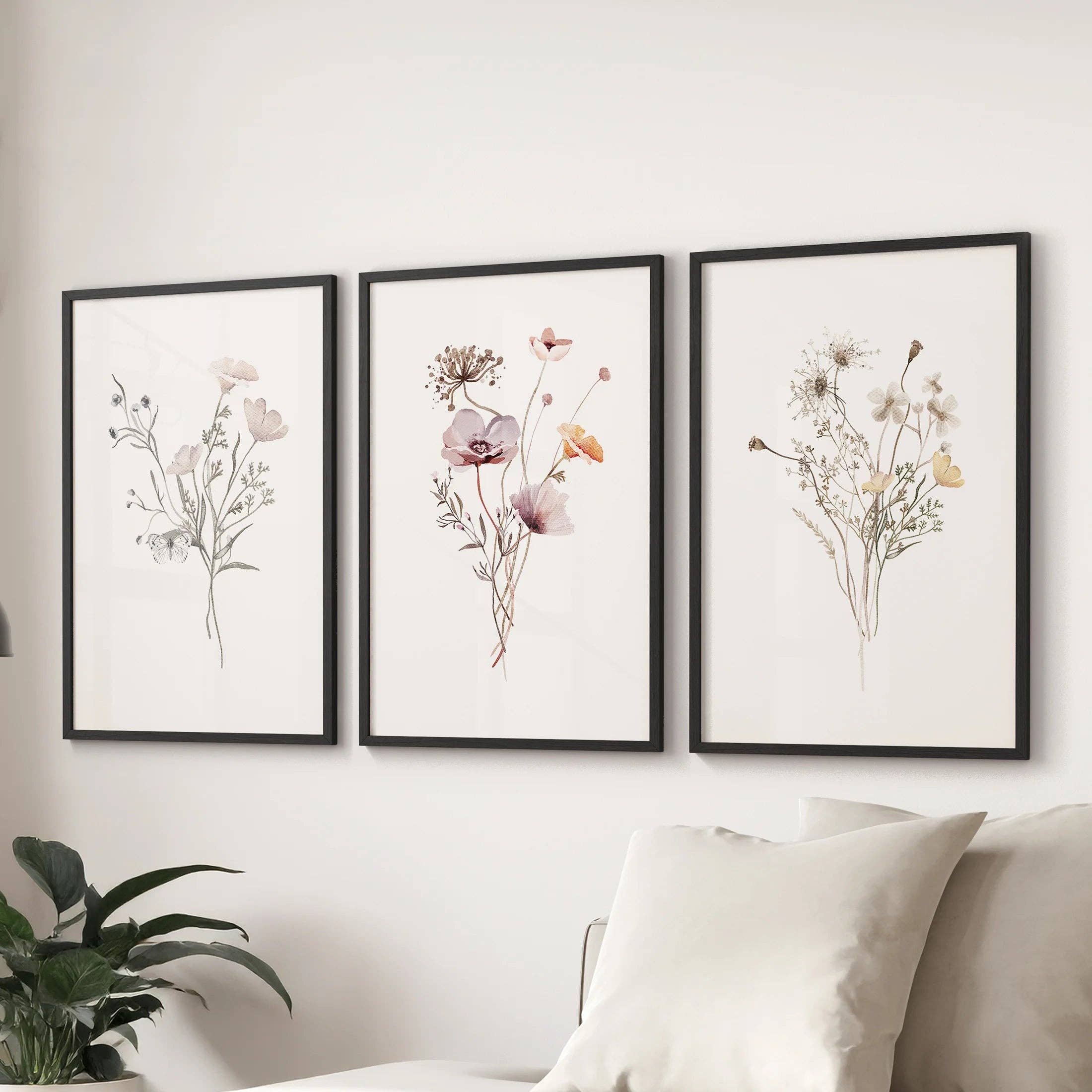 PrintSets.com - Wholesale Gallery Wall Set - Watercolor Wildflower Set of 3 Prints. Botanical Floral Art for Cottage Spaces4