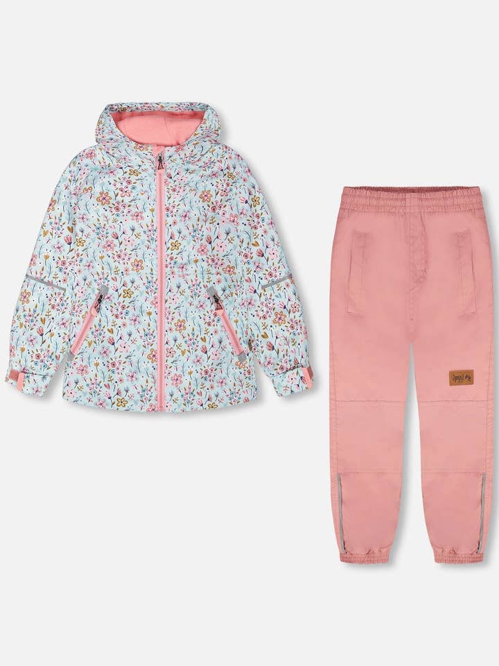 Two-Piece Mid-Season Outerwear Set Blue Mini Flower Print for wholesale by Deux par Deux