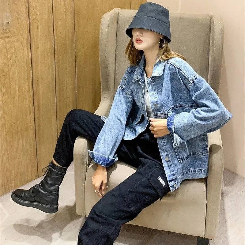 MB Fashion Wholesale - Wholesale Denim Jacket - Women's - MB FASHION Oversized Denim Jacket with Cartoon Graphic 2891LY4