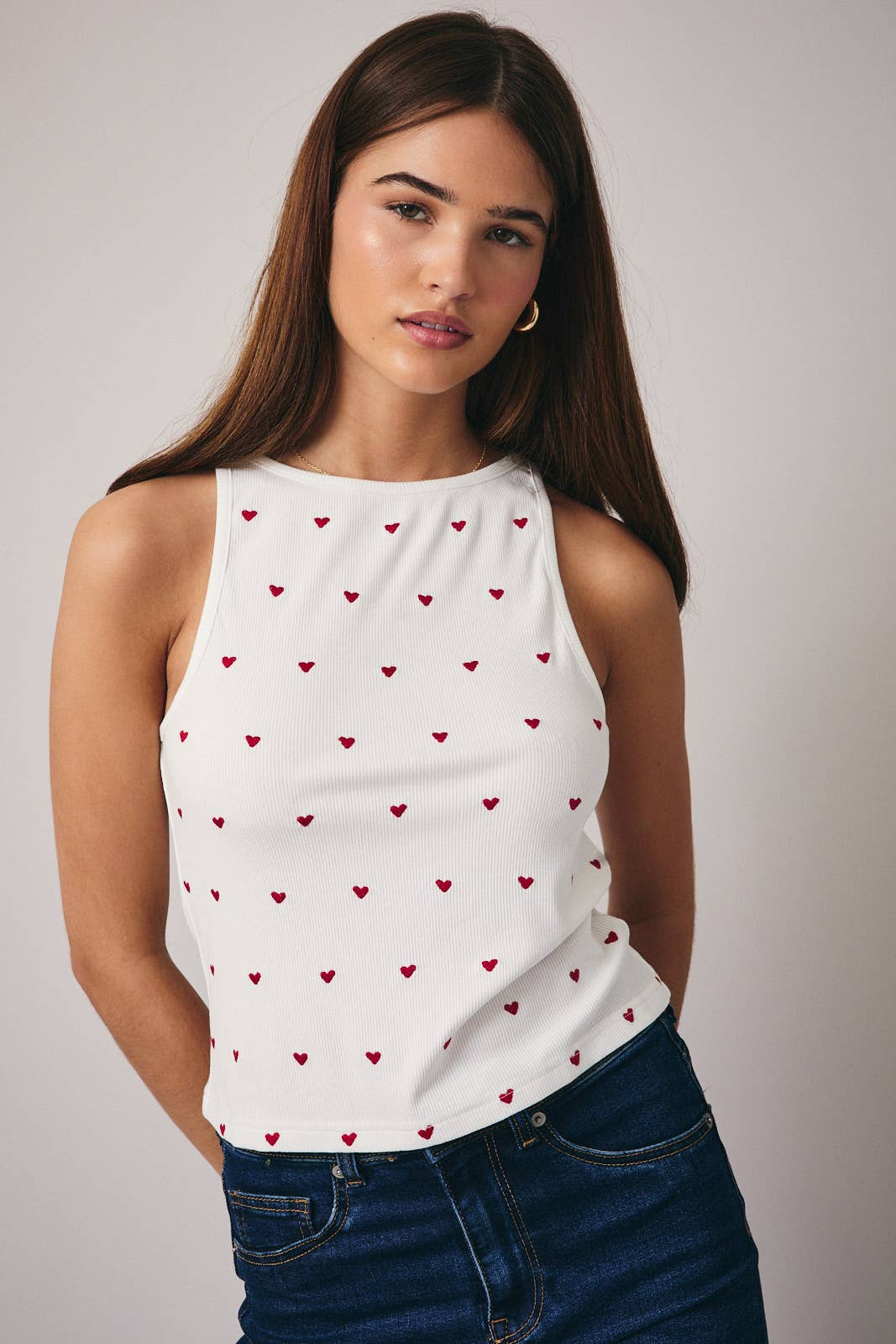 White BOAT NECK SLEEVELESS HEART EMBO RIBBED TANK for wholesale on Faire1