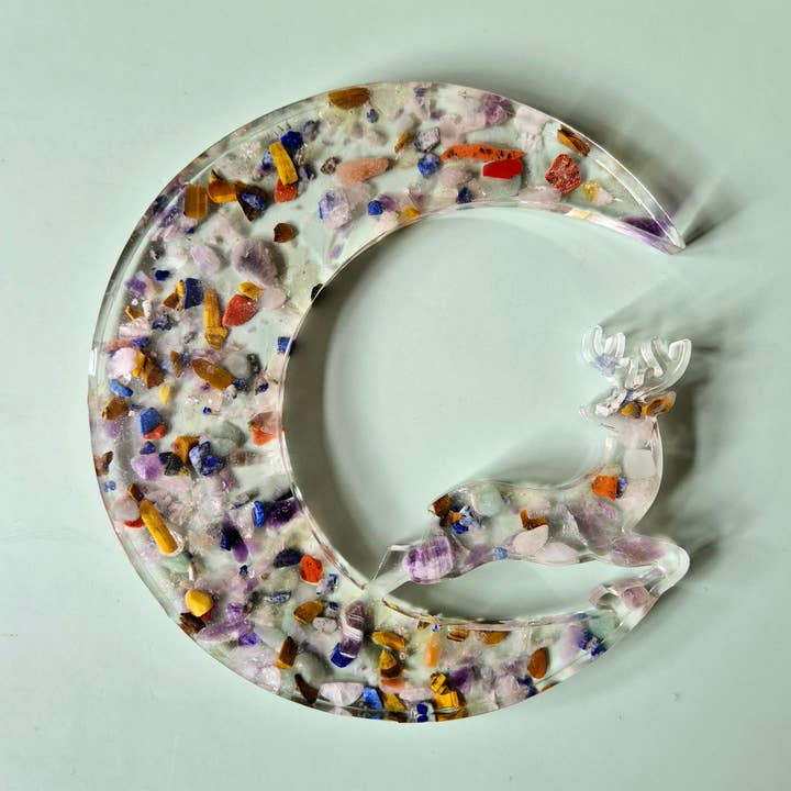 Gemstone Chips in Resin Multicolored - Moon-Shaped Decoration With Deer for wholesale by Moonlight Gemstones