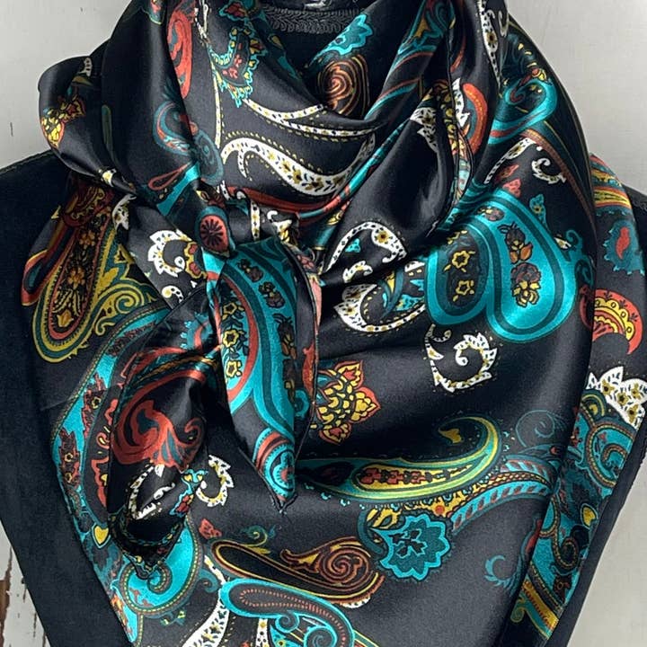 Rainyday Homemade - Wholesale Scarf - Women's - Paisley Wild Rag, Charmeuse Satin, Teal Paisley, Extra Large Wild Rag, Ranch Life, Cowboy Life, Cowgirl Life