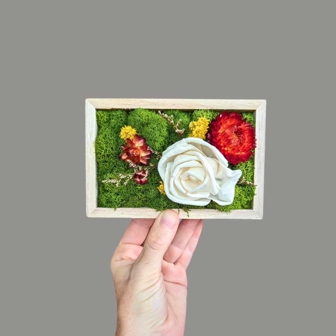 Reclaimed Gardens - Vendita all'ingrosso Decorazione da parete 3D - Cornice rettangolare in legno con fiori secchi e muschio conservato2