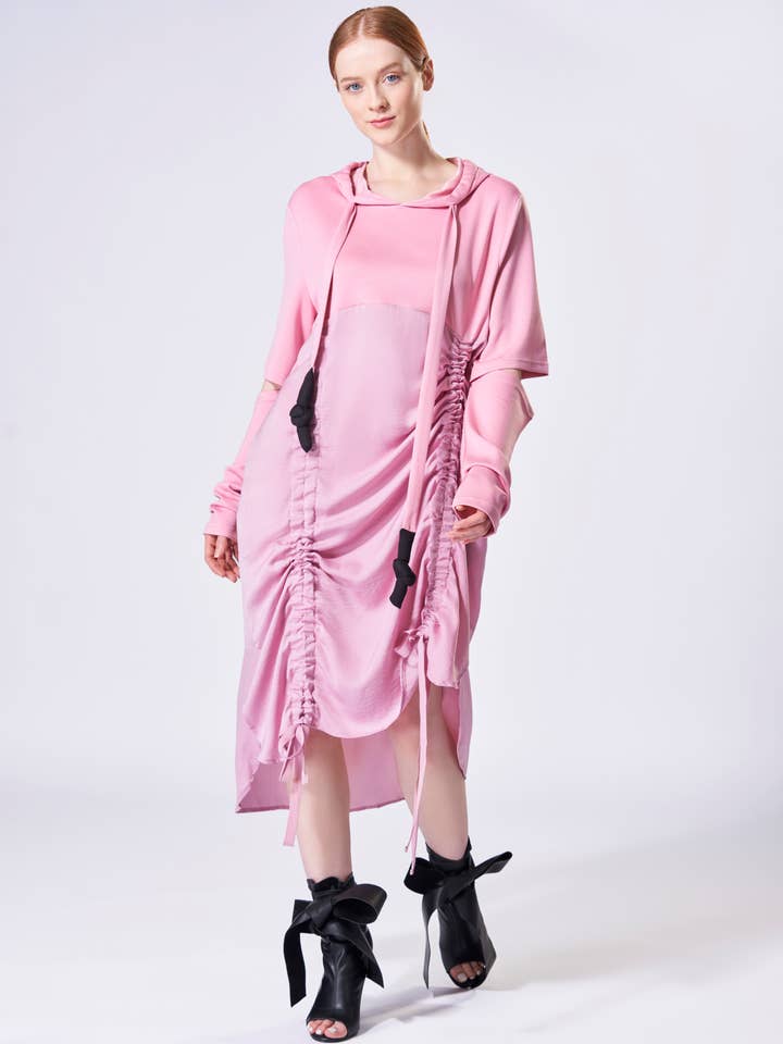 Pink Cinchable Hoodie Dress for wholesale by The Fifth Week