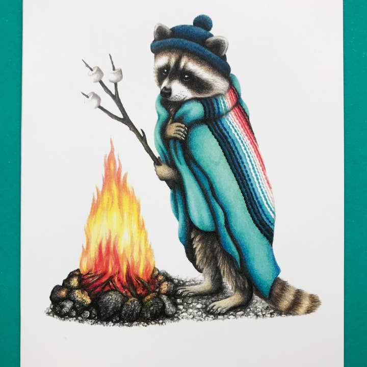 Grußkarte mit Waschbär am Lagerfeuer in Größe A2 (innen leer) für den Großhandel von Abundance Illustration