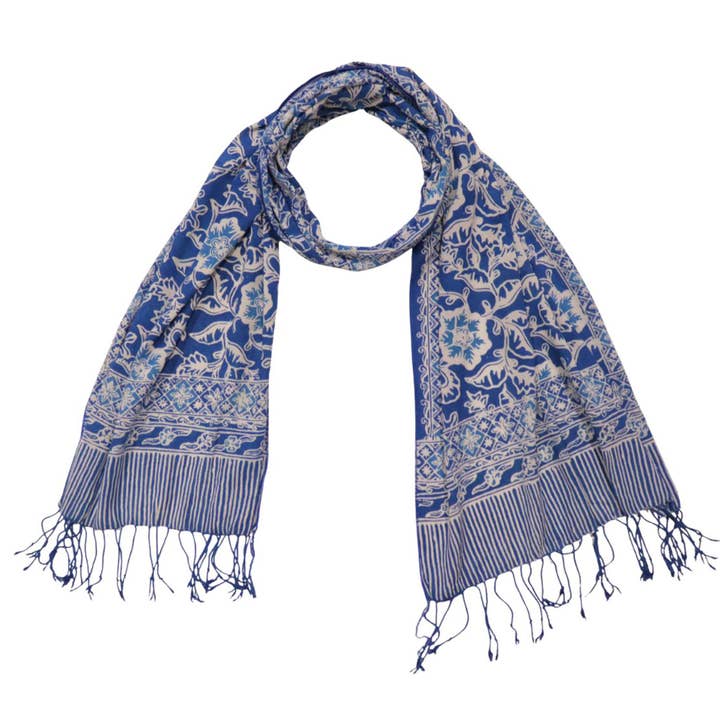 Handmade Batik Scarf, 100% Soft Cotton, Blue Tendril for wholesale by Kasih Co-op