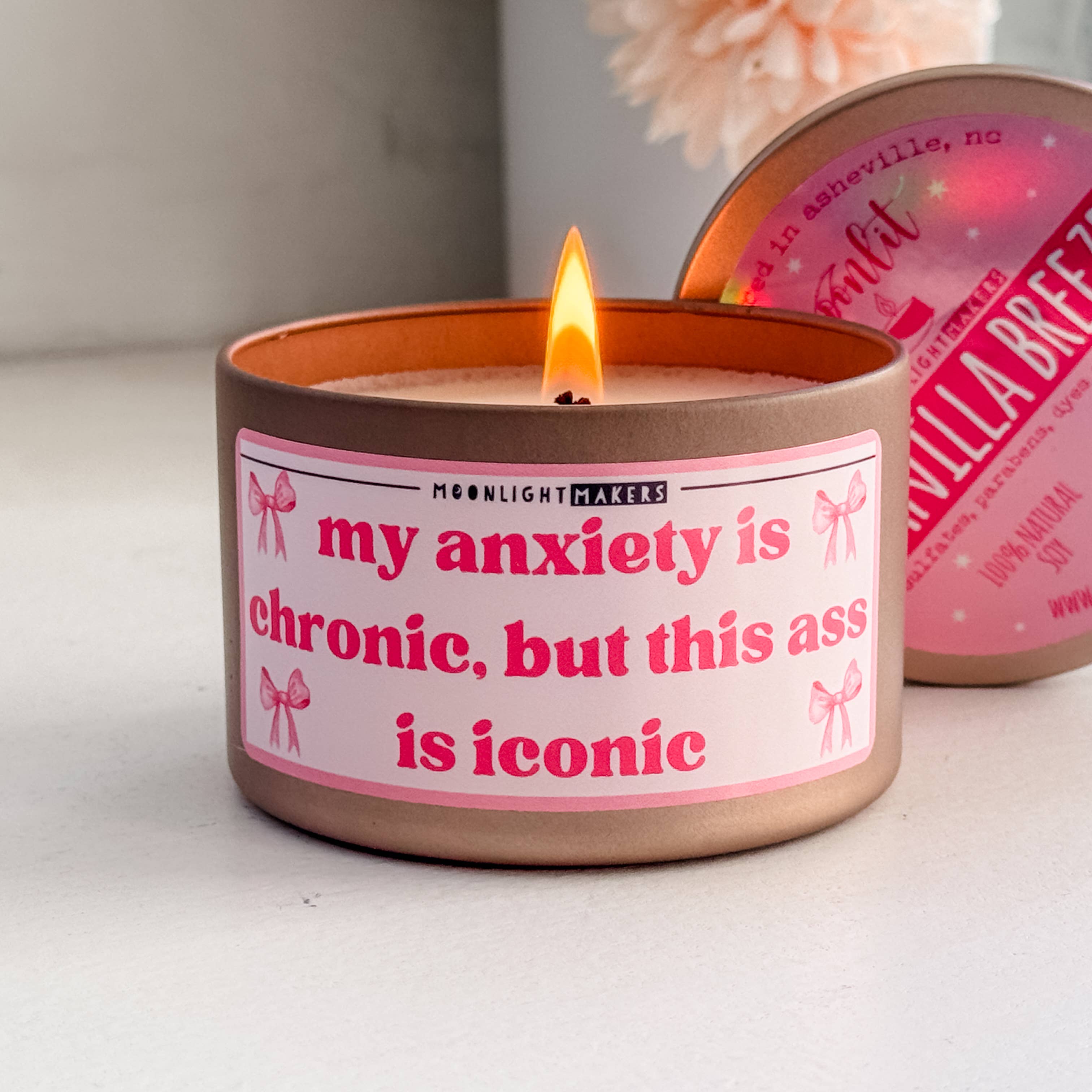 Moonlight Makers - Wholesale Jar/Filled Candle - Anxiety Chronic, Ass Iconic - 8oz Candle - Rose Gold, Soy