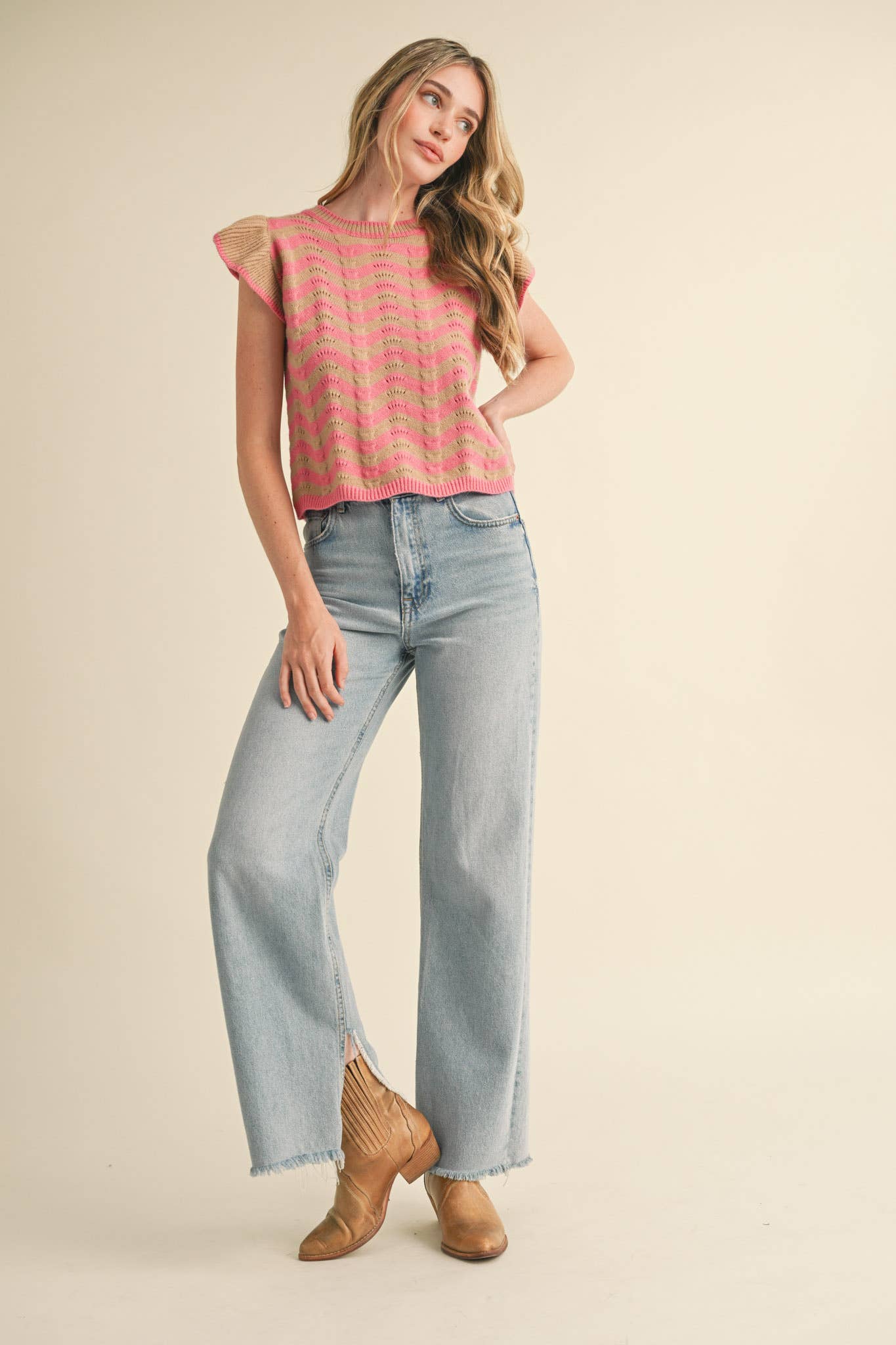 &MERCI - Wholesale Knit Sweater - Women's - WAVY STRIPES FLUTTER SLEEVE SWEATER TOP MSW1050964