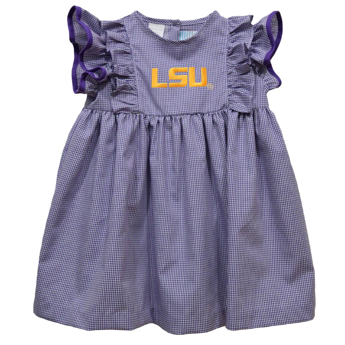 Vive La Fete - Wholesale Dress - Kids - LSU Tigers Embroidered Purple Gingham Ruffle Dress0