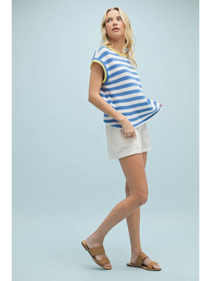 BLUE COMBO STRIPED CONTRAST SWEATER KNIT TOP / WL25-10271 for wholesale on Faire