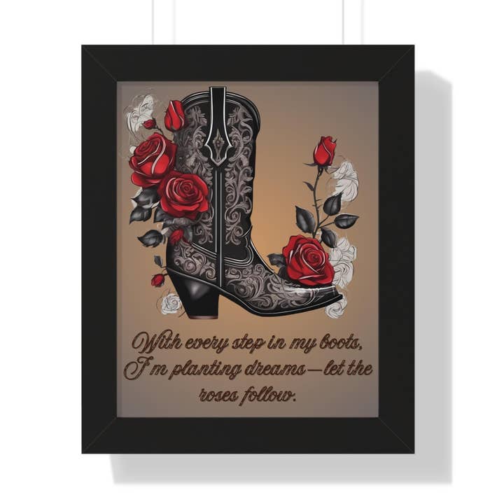 Póster enmarcado de botas vaqueras y rosas, impresión de arte occidental para venta al por mayor de LadyKCreations1