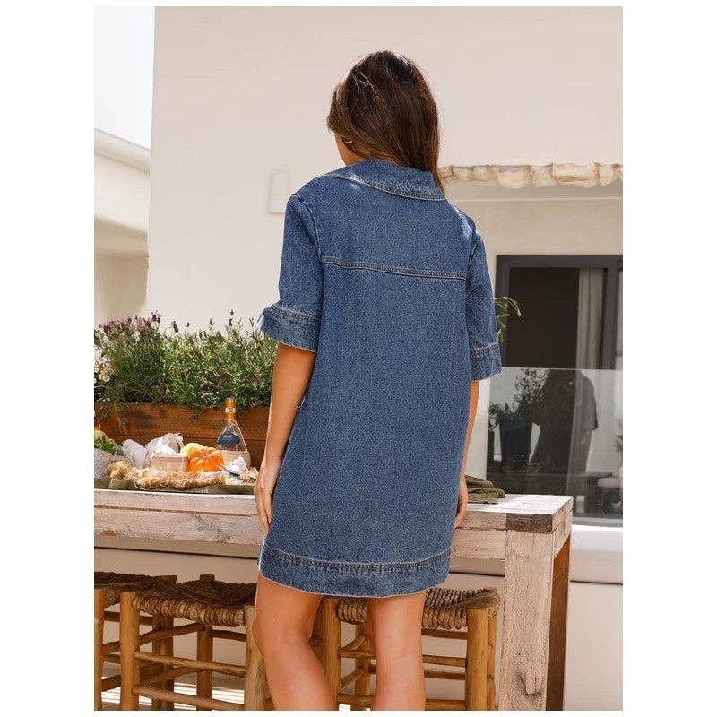 Ekartini - Wholesale Dress - Women's - Lapel Short Sleeve Loose Denim Dress7