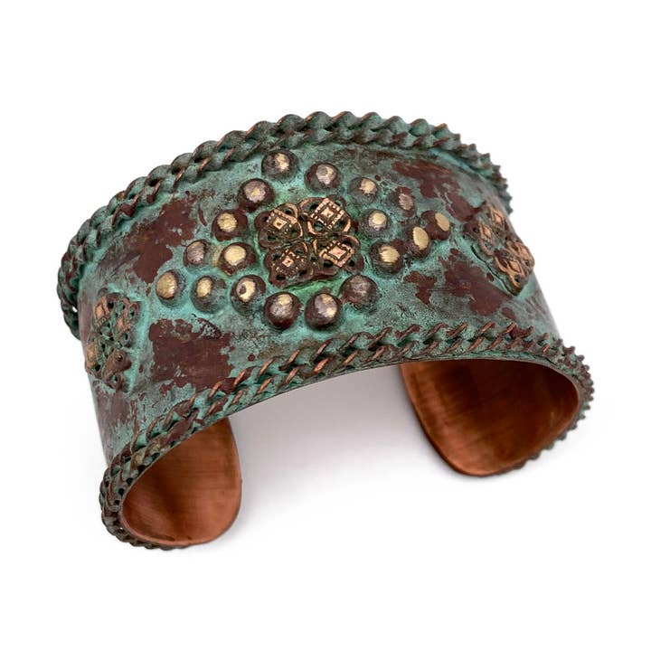 Diamond Shaped Rivets and Filigree Center Aqua Patina Cuff for wholesale by Anju Jewelry