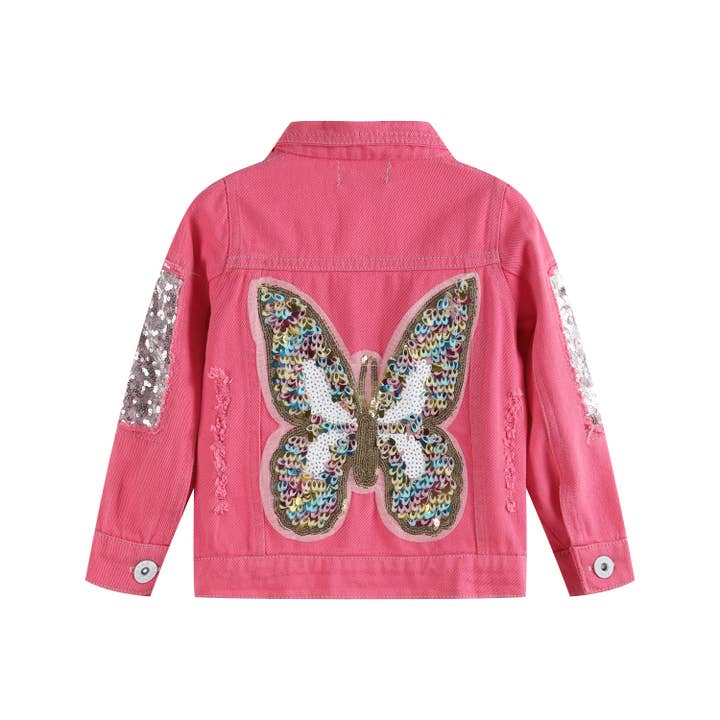 Lil Cactus - Wholesale Denim Jacket - Kids - Ruffles - Pink Butterfly Sequin Denim Jean Jacket