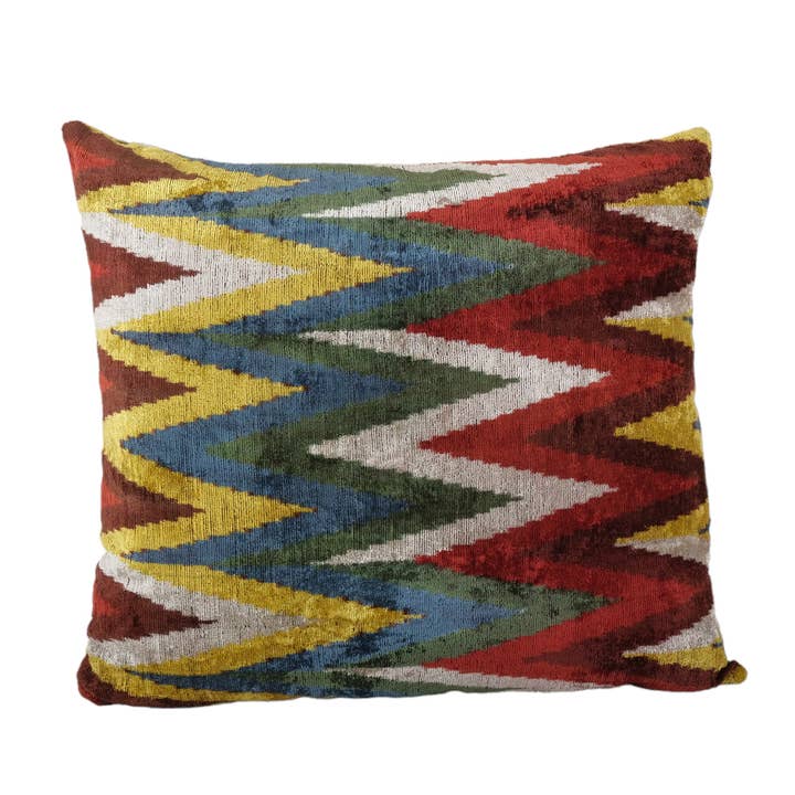 Almohada de terciopelo Ikat de seda con diseño en zigzag, cuadrada, tejida a mano para venta al por mayor de Vintage Pillows Store