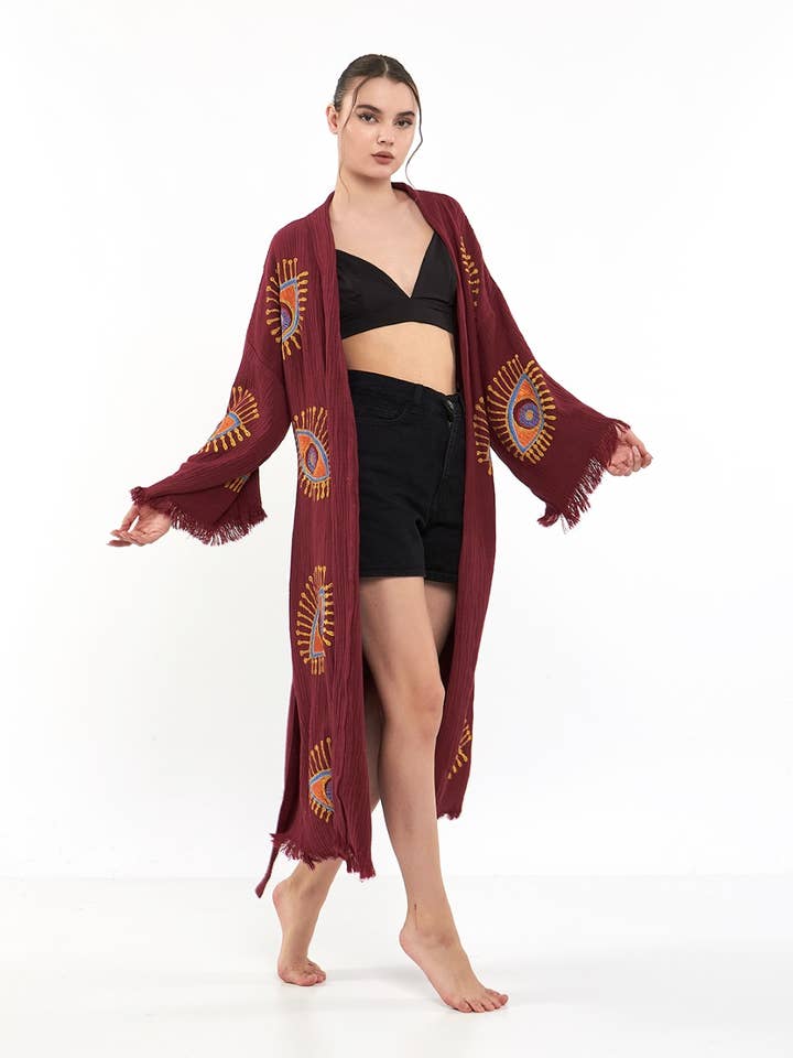 Yaz Concepts - Wholesale Kimono - Women's - Burgundy Evil Eye Print Bathrobe Festival Kimono Robe 13