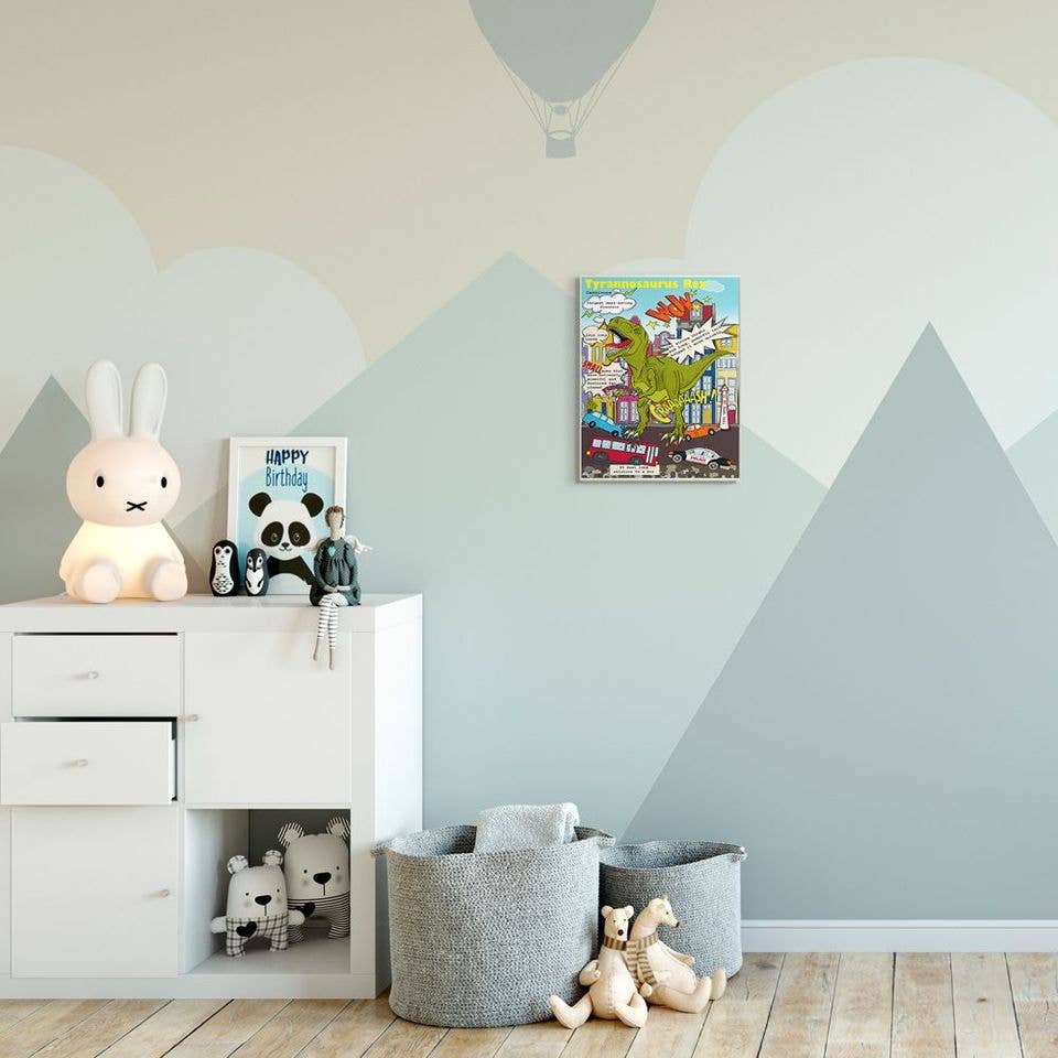 Stupell Industries – wholesale Väggplakett – Kul dinosaurie fakta T Rex förstör City Scen2