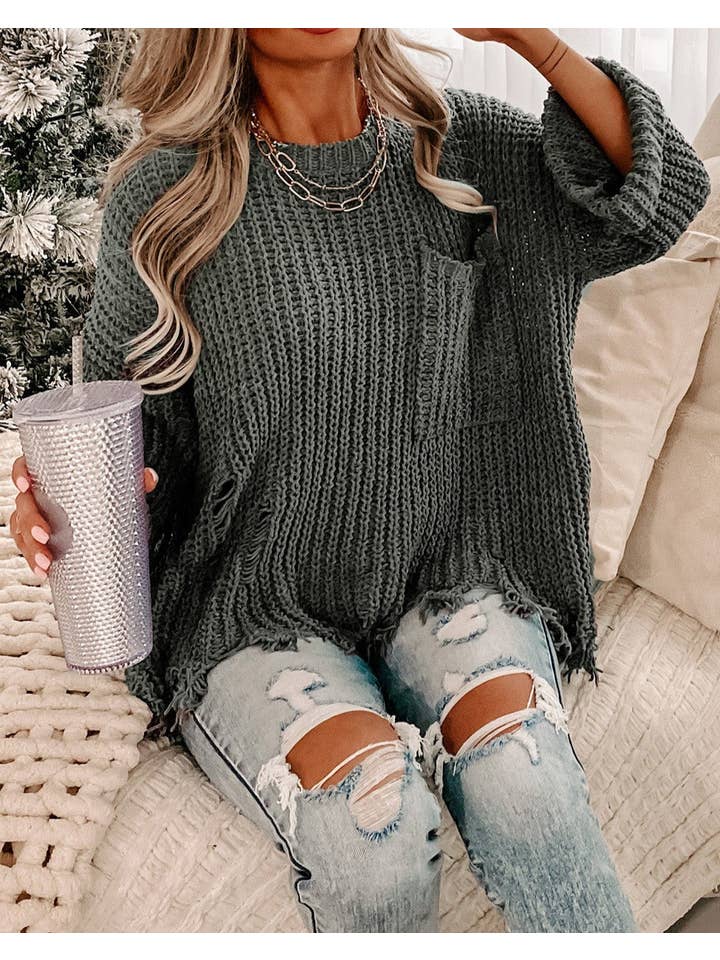Gray Distressed Pocketed Chunky Pullover Sweater for wholesale on Faire