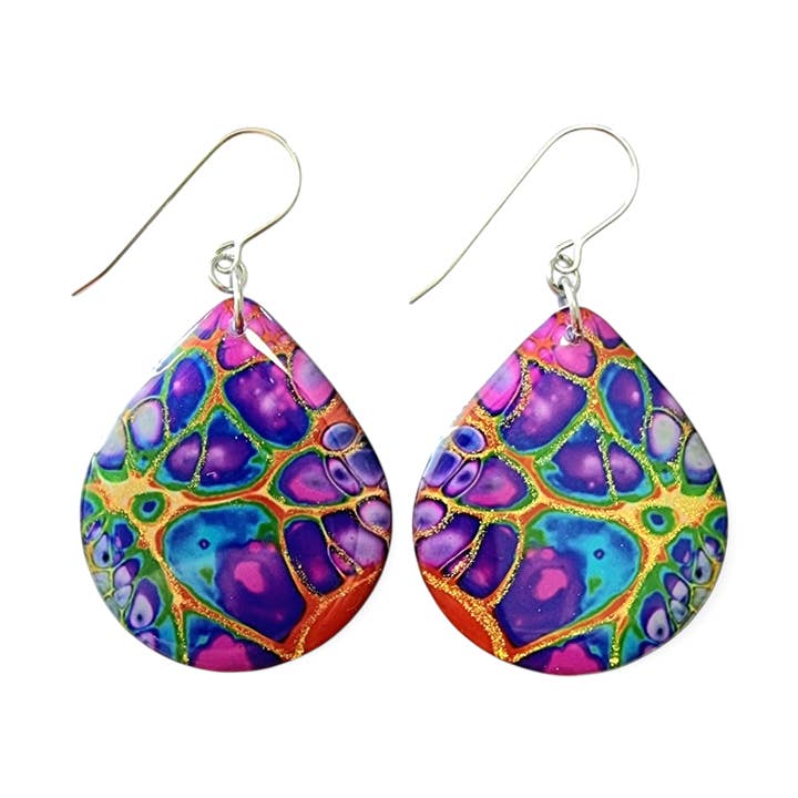 Rainbow Teardrop Resin Earrings - Gold Web for wholesale by Simply Vivid