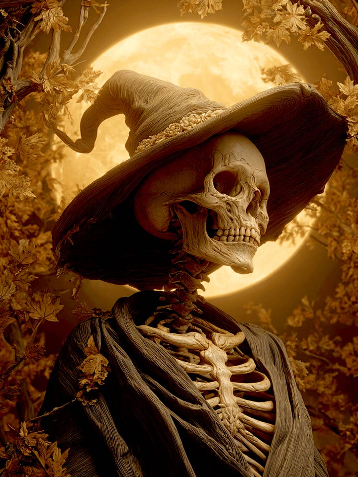 Vintage Witch Skeleton Halloween Art Print - 8"x10" Artwork for wholesale by Mowbi