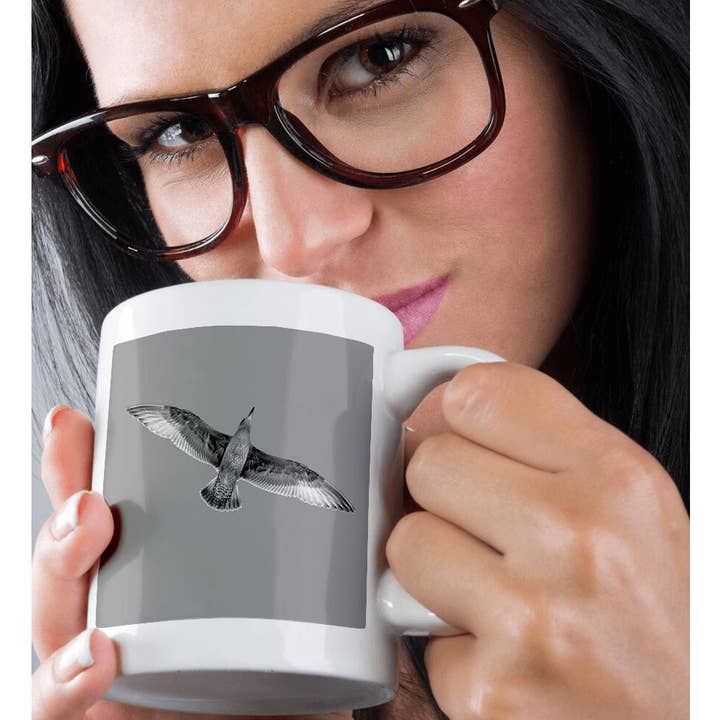 3dRose - Wholesale Coffee Mug - 3dRose, Black and white photograph of a seagull soaring over head., Mug9