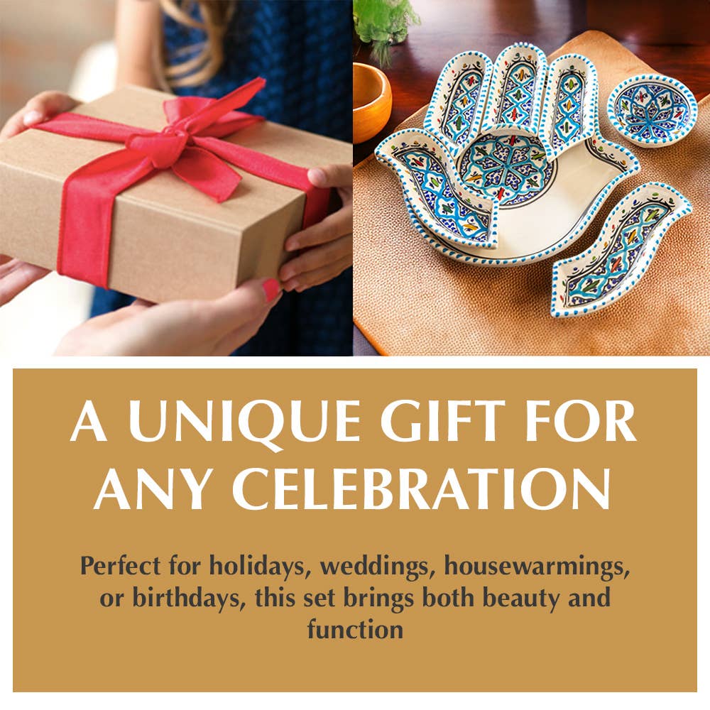 Kamsah - Wholesale Serving Plate - Handmade Turquoise Hamsa Ceramic Dipping & Serving Set8