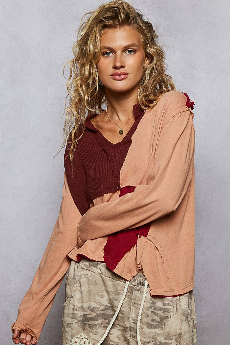 Pol Clothing - Wholesale Knit Top - Women's - Notched neck contrast fabric long sleeve top2