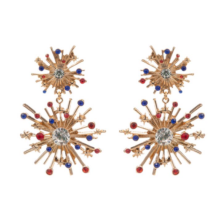 Sensibling Corp. - Wholesale Dangle Earrings - Rhinestone Paved American USA Flag Theme Starbursts Earrings