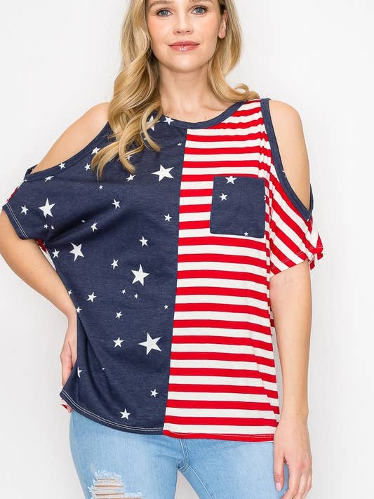 NAVY 10735SL524 - CUTOUT ON SLEEVE STAR AND STRIPED TOP for wholesale on Faire
