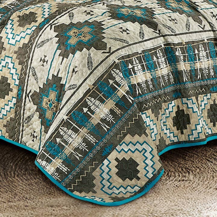 Linen Mart - Wholesale Bedding Set - Southwestern Tan Turquoise Feather Aztec Quilt - 5 Piece Set2