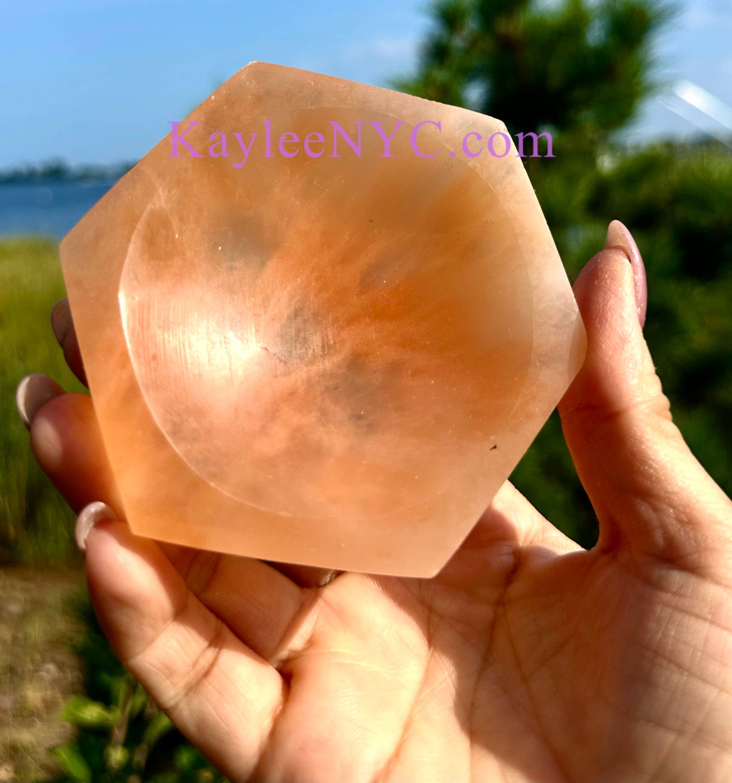 KayleeNYC - Wholesale Spiritual Stone/Crystal - Natural Peach Selenite Satin Spar Hexagon Bowls ~10cm5