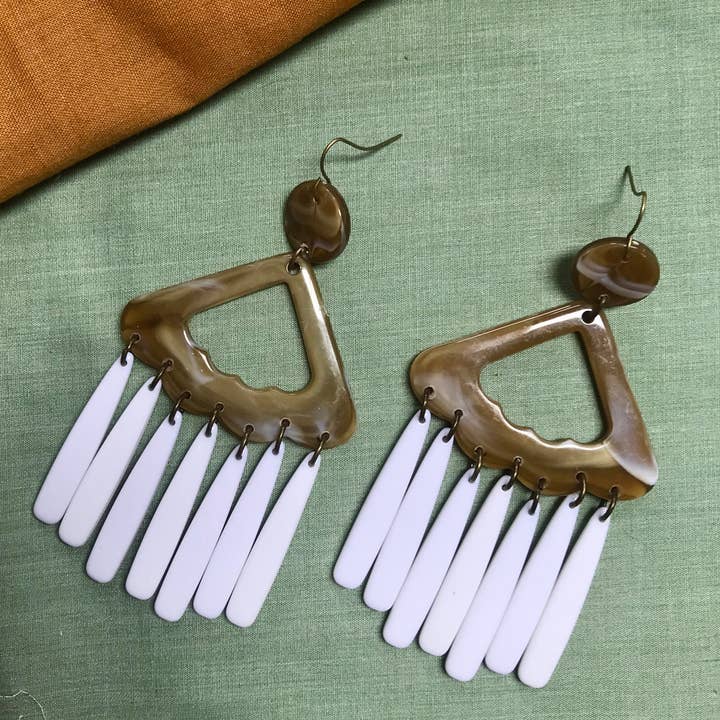 Olive Swirl Lucite Acrylic Vintage Chandelier Earrings for wholesale by Odyssey & Oddities