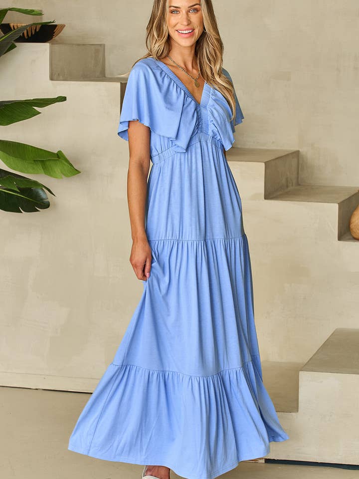 Threaded Pear – Engroshandel Kjole - Dame – Kelsey Tekstureret Kjole med Flagrende Ærmer og Flæser Maxi Kjole4