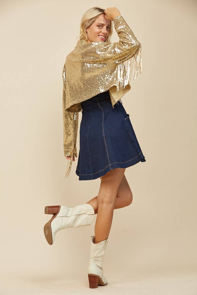 WISTERIA LANE – Blusão - Mulher por atacado – CASACO MOTO COM LANTEJOULAS RECORTADAS COM FRANJAS -6317 DOURADO13