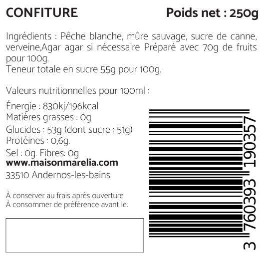 MAISON MARELIA - Vente Confiture/gelée - PÊCHE BLANCHE, MÛRE & VERVEINE