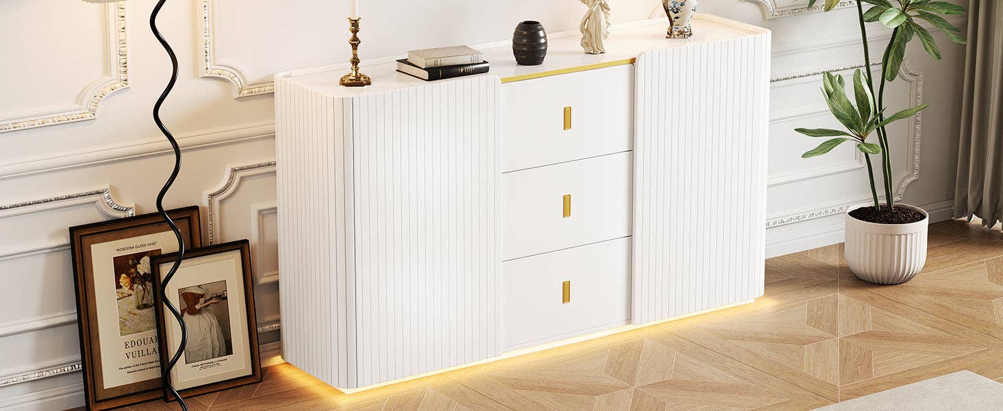 Urban Meuble – Aparador por atacado – Buffet branco elegante 2 portas, 2 gavetas com iluminação LED 150*35*80cm KRAUDREL15
