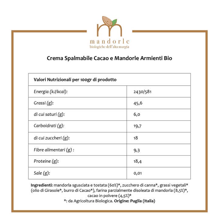 Crema spalmabile Cacao e Mandorle 200gr per la vendita all'ingrosso da parte di ArmientiBio