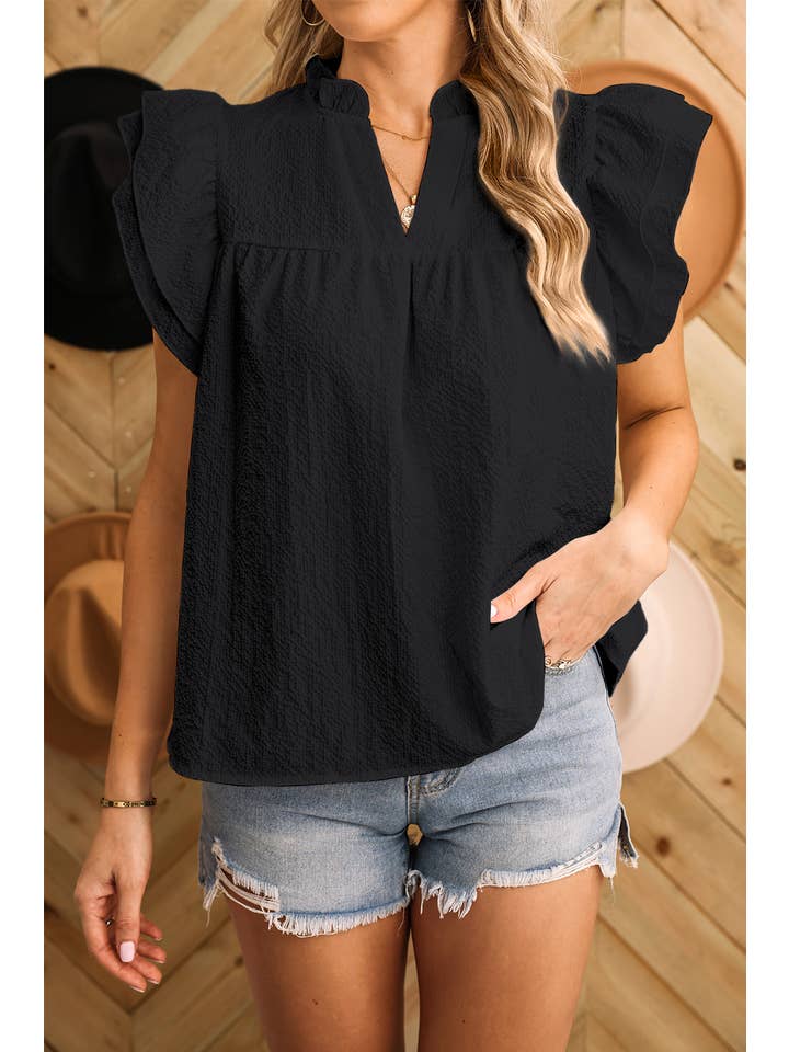 Aapparella - Wholesale Blouse - Women's - Women Ruffle Textured Flutter Sleeve V Neck Top | S-XL
