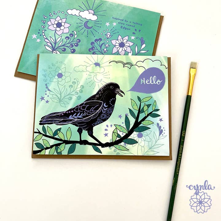 Crow Hello Birthday Greeting Card -birthday card dark blue for wholesale by Cynla
