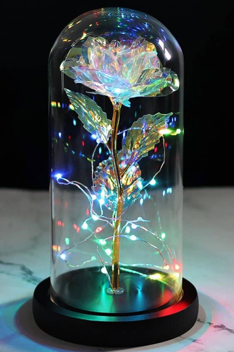 Cap Zone – wholesale Dekorativt bordsobjekt – Hög metallisk galaxros i glasdom med LED-lampa3