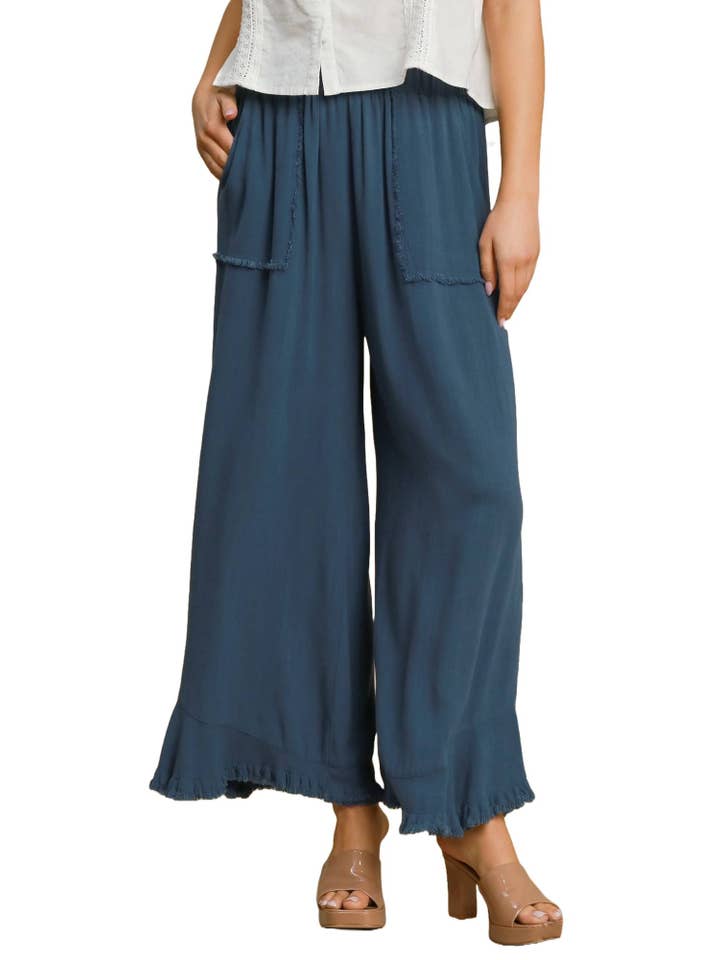 Vanilla Monkey - Wholesale Pants - Women's - Linen Blend Elastic Waist Band Wide Frayed Hem Pants