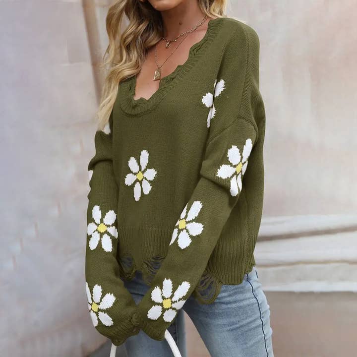 WOMEN VINTAGE DISTRESSED FLOWER PRINTNG SWEATER_CWOSWL0480 for wholesale by Lily Clothing
