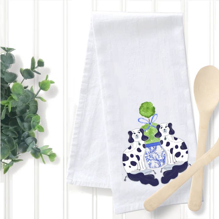 Tea Towel - Preppy Staffordshire Dogs with Topiary for wholesale by Peachy Pendants